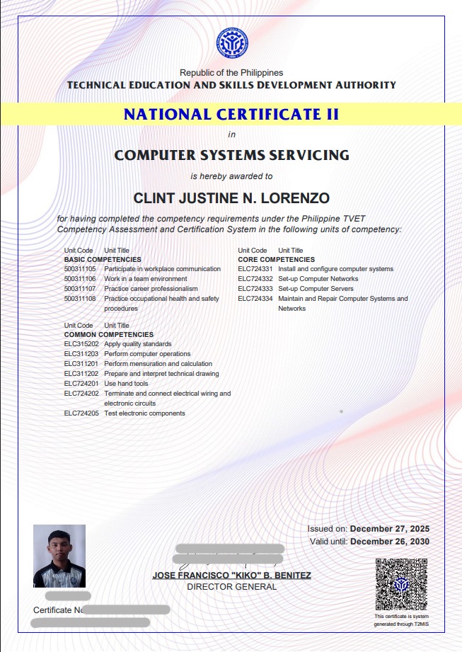 Computer System Servicing NC2 certificate from TESDA